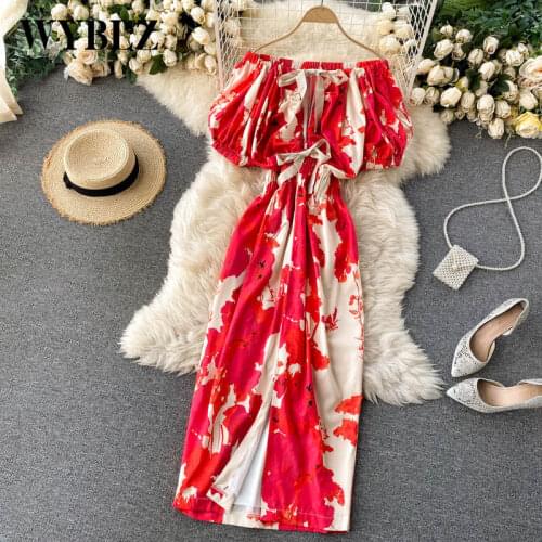 WYBLZ Sexy Off Shoulder Summer Dress for Women 2021 Elegant Fashion Printed Midi Dress Slim Bandage Puff Sleeve Hollow Dresses