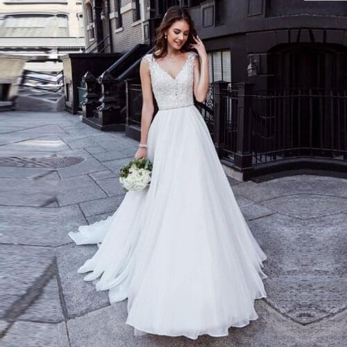 A Line Chiffon Wedding Dress 2021 Appliques Lace V Neck vestidos de novia Bride Dress Sleeveless Sexy Backless Wedding Gowns