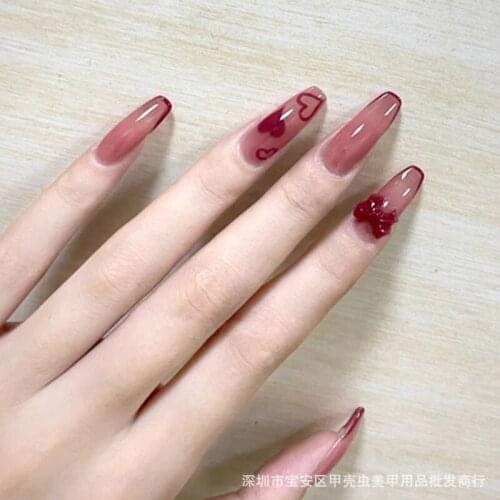 24pcs Bow Nail Patch Love Heart Printed Plum Color Glue Type Removable Long Paragraph Fashion Manicure False Nail Patch SANA889