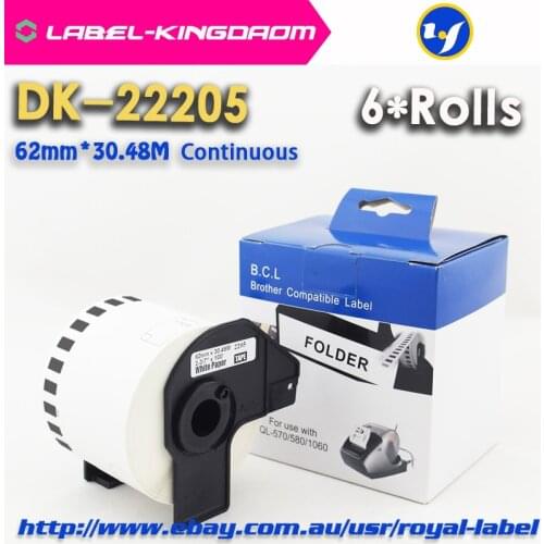 6 Rolls Compatible DK-22205 Label 62mm*30.48M Continuous Compatible Brother Printer QL-570 QL-700 All Come With Plastic Holder