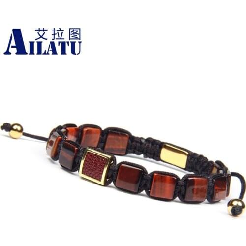 Ailatu Genuine Python Leather Stingray Macrame Bracelet 8mm Natural Tiger Eye Malachite Square Flatbed Stone Braided Jewels