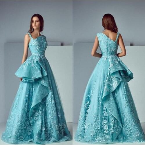 2019 Asymmetry Hunter Ruffles Lace Skirt Evening Party Dresses Modest Applique Stain Dubai Arabic Occasion Dresses Prom Gowns BC