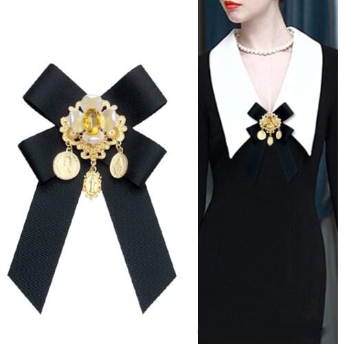 Handmade Bow Tie Brooch Fashion Occident Exaggerated Retro Baroque Coin Crystal Flower Bowtie Fashion Womens Shirt Pins