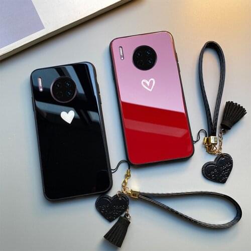 For Huawei Mate 30 Pro Case Free strap Red Black Heart Hard Tempered Glass Cover For Huawei Mate 30 Lite phone Casing