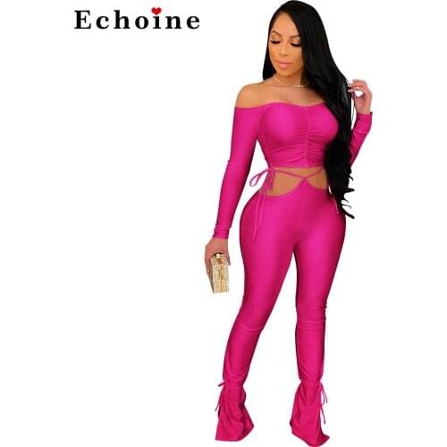 Echoine Slash Neck Long Sleeve Crop Top + Stacked Pants Two Piece Set Lace Up Bandage Club Party 2 Piece Women Jogging Tracksuit