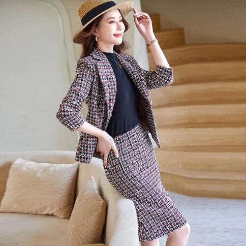 Elegant Plaid Office Ladies Formal Women Business Suits with Skirt and Jackets Coat Professional OL Styles Blazers Set Plus Size
