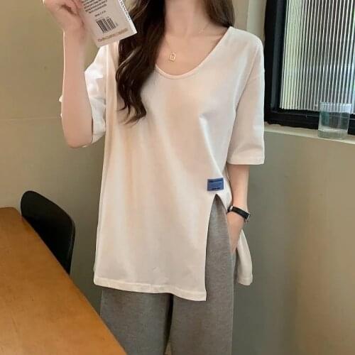 Slit Half Sleeve T-Shirt Loose Casual Korean Fashion Designer Aesthetic Plus Size Women Shirts For Summer Sale Free Shipping