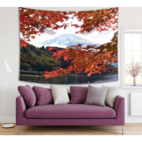 Tapestry Autumn in Japan Fuji Mountain and Lacquer Kawaguchiko Landscape Cloudy Morning Peaceful View Print Red Green Blue