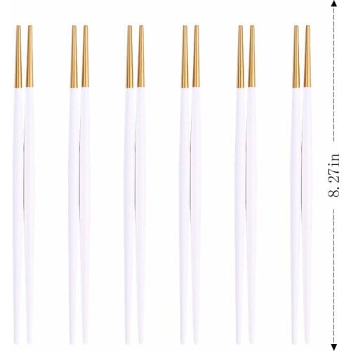 6 Pairs Glossy White Gold Chinese Chopsticks Japanese Korean Style Sushi Sticks Noodles Food Tableware Metal Reusable Chopsticks