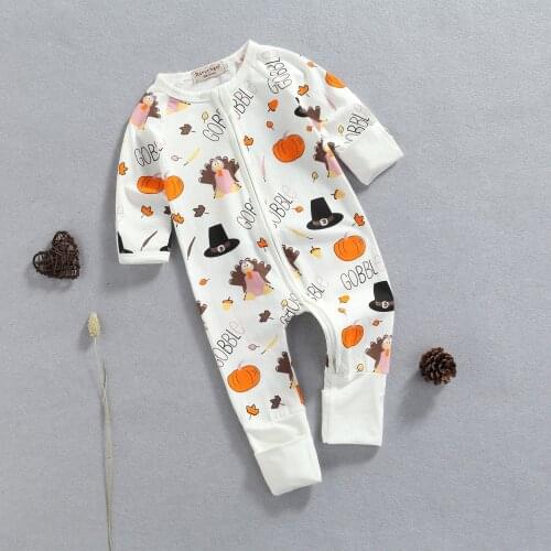 2021 Cotton Casual Baby Halloween Jumpsuit Cute Pumpkin & Letter Print Long Sleeve Round Neck Zipper Romper Infant Party Costume