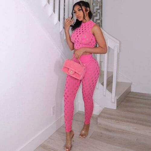 Two Piece Set Women Sexy Night Club Suit Crop Top Pants Hollow Out See Through 2 Pcs Cute Outfits Sportswear Fitness Clothing