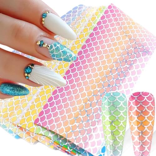 10pcs Fish Scale Nail Foil Laser Holographic Gradient Mermaid Wave Starry Sky Paper Transfer Sticker DIY Nail Accessories NL9114