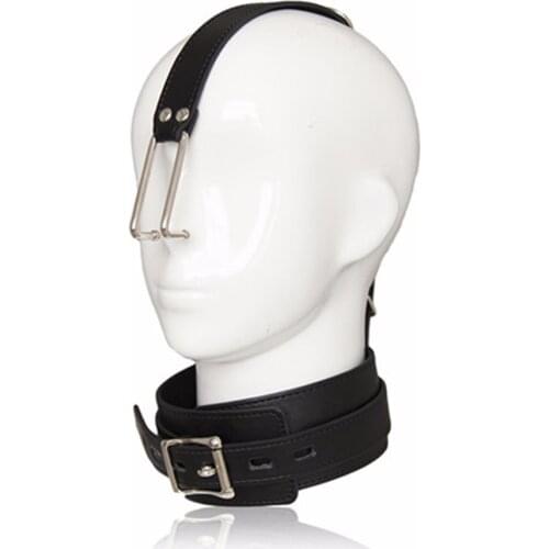 CamaTech Stainless Steel Metal Nose Hook + PU Leather Slave Neck Collar Fetish BDSM Head Harness Bondage Restraints Adult Games