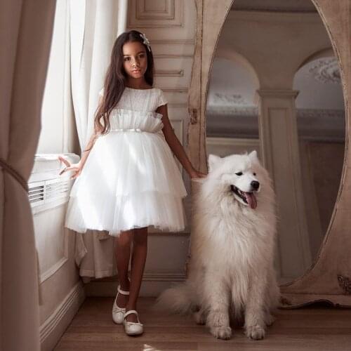 Cute Short Flower Girl Dresses For Wedding Lace Pearls A Line Kids Pageant Gowns Cap Sleeves First Communion Dress