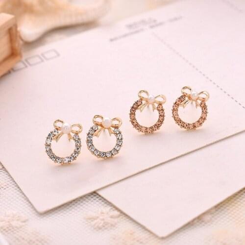 New Korean Elegant Trendy Round Crystal Wreath Bow Stud Earrings For Women Imitation Pearls Jewelry Gift