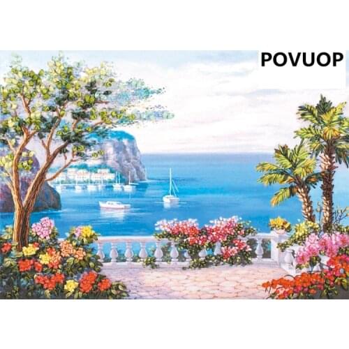 POVUOP New arrival ribbon embroidery 70X55cm fashion love sea 3d print cross stitch paintings