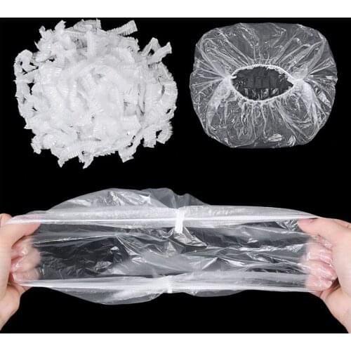 200pcs/lot Disposable Hat Hotel Bathing Cap Transparent Hair Elastic Cap Kitchen Fresh Keeping Food Saver Bag Plastic Shower Hat