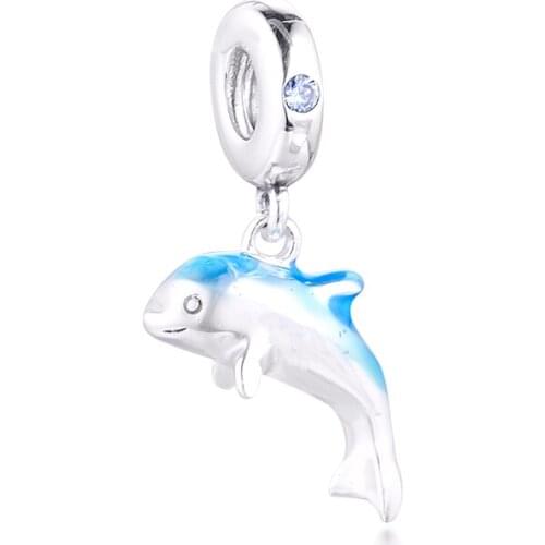 Fit Pandora Bracelet DIY Beads Original S925 Silver Blue Shimmering Cute Dolphin Dangle Charm For Jewelry Making Boy Girl Gift
