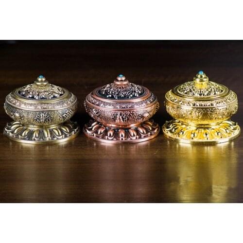 1pc Buddhist Tibetan Lotus Base Eight Auspicious Symbol Pattern Decorate 7.5cm Alloy Metal Retro Home Decoration Incense Burner
