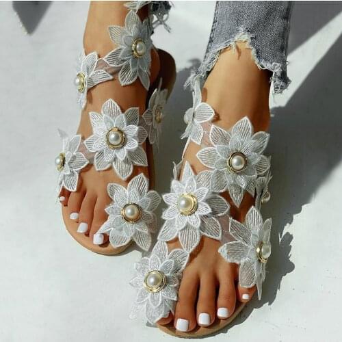 CHAMSGEND Sandals Women 2021 Summer Clip Toe Ladies Fashion Casual Floral Pearl Flat Sandals Toe Ring Beach Shoes Sandalias