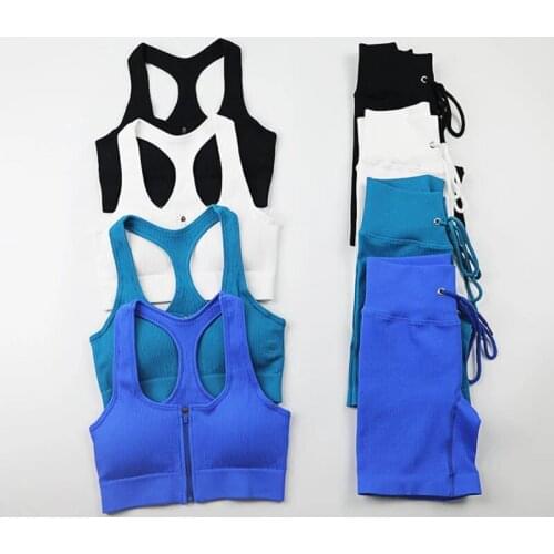 Summer New Womens Tracksuit Zip Sports Bra Seamless Ribbed Yoga Set Sportswear Drawstring Athletic Gym Shorts Workout Clothes