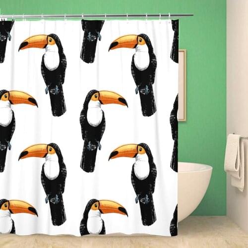 Bathroom Shower Curtain Colorful Pattern Toucan on Orange Flamingo Parrot Bird Tropical 66x72 inches Waterproof Bath Curtain Set