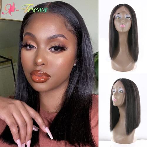 Short Bob Synthetic Wigs Middle Part Lace Front Wig Ombre Silver Grey Short Straight Blunt Cut Hair Wig for Black Women X-TRESS
