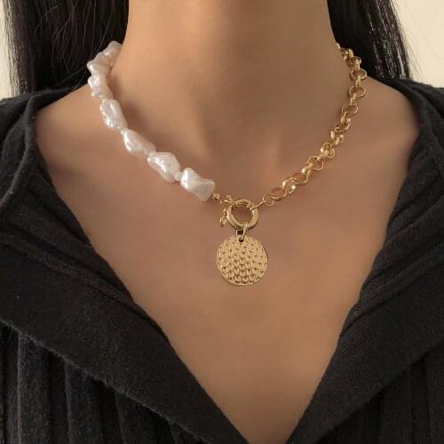 DIEZI Elegant Simple Baroque Pearl Necklace Fashion Hip Hop Round Coin Pendant Metal Chain Necklaces Women Statement Jewelry