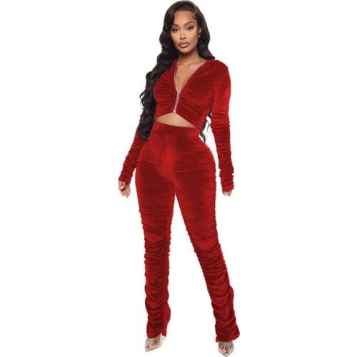 Winter Velvet Two Piece Set Women Festival Clothing Set Zipper Ruched Hoodies Jacket Coat Stacked Sweatpants Velour Tracksuits