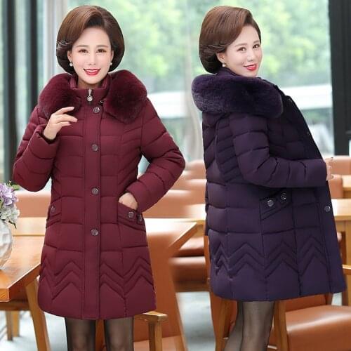 Winter Womens Jacket Middle-aged Long Cotton Thicken Hooded Fur Collar Cotton Parkas Womens Winter Coat Plus Size XL-5XL