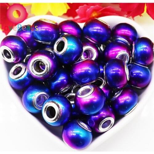 10 Pcs New Red Blue Color 16mm Glass Beads for Jewelry Making Chain Spacer Murano Big Hole Silver Plated Fit Pandora Bracelet