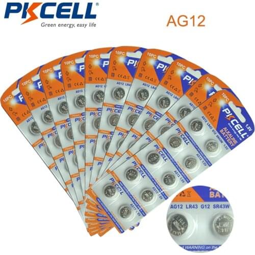 100PCS/LOT PKCELL1.5V AG12 LR43/LR186 Akaline Button Cell Battery ag12 Watch Battery