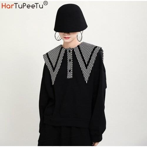 2021 Spring Black Loose Hoodie Plaid Peter Pan Collar Plus Size Cotton Solid Sweatshirts Lady Long Sleeve Fashion Pullover Top
