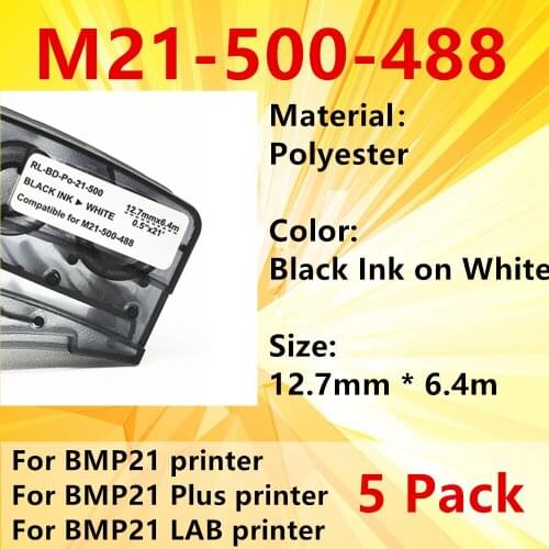 5PK Label Tape M21-500-488 Ribbon Black on White Polyester Label Maker BMP21-PLUS IDPAL LABPAL Label Printer MAKER 12.7mm * 6.4m