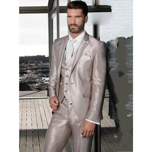 Shiny Beige Handsome Groom Tuxedos Slim Fits Mens Evening Dress Toast Suit Party Blazer Clothes (Jacket+Pants+Vest+Tie) NO:091