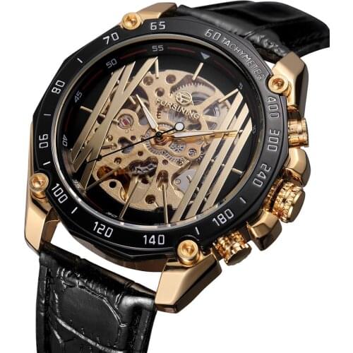 Forsining 2019 Golden Skeleton Clock Male Mens Automatic Self-wind Wrist Watches Top Brand Luxury Luminous Hands Black Band