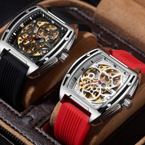 Black Mechanical Watches Men Sporty Rubber Band Mens Wristwatch Fashion Transparent Hollow Automatic Watch relogios masculinos