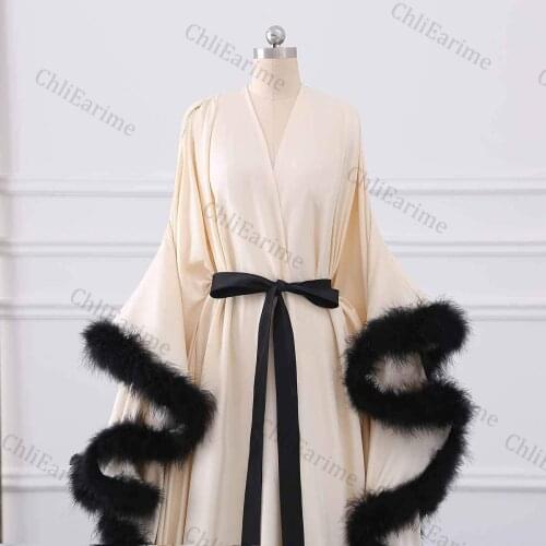 Womens Feather Bridal Robe Wedding Scarf Long Lingerie Robe Nightgown Bathrobe Sleepwear with Belt
