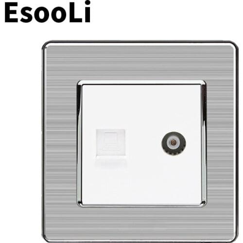 EsooLi 2 Gang RJ45 Internet Data Computer Jack CAT5 Connector With Female TV Outlet Stainless Steel Brushed Panel Wall Socket