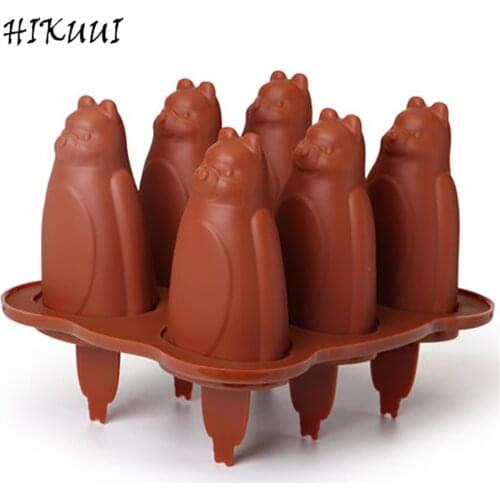 6 Holes Ice Cream Mold Platinum Silicone + PP Frozen Ice Cube Sticks Makers Popsicle Lolly Mould DIY Bear Moldura Tools Brown