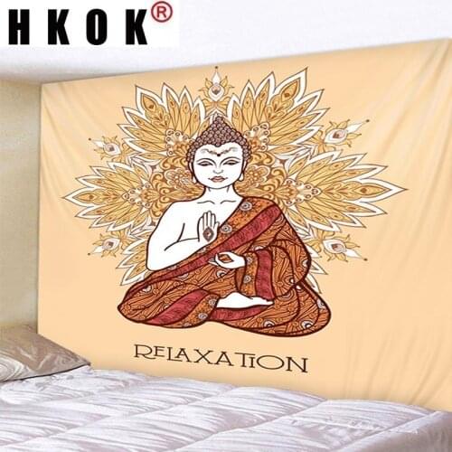 HKOK Indian Buddha Statue Natural Mandala Tapestry Hanging Covering Rugs Background Cloth Beach Mat Blanket Art Bedroom Decor