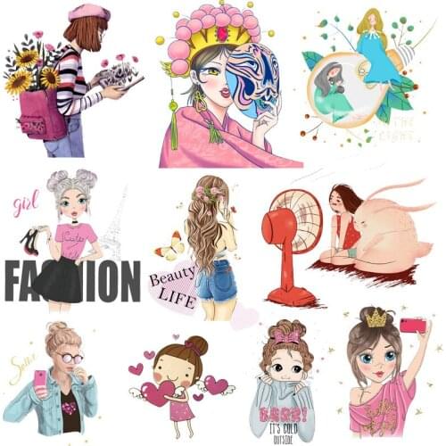 Beautiful Girls Patches For Clothing DIY T-shirt Patches Iron On Heat Transfers Fashion Girl Thermal Sticker On Clothes Applique