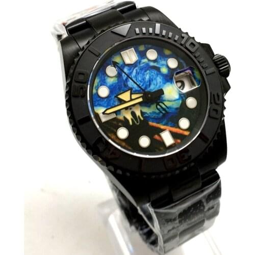 NH35A Movement Aseptic Surface Mens Automatic Mechanical Watch PVD Stainless Steel Case Black Ceramic Ring Flat Sapphire