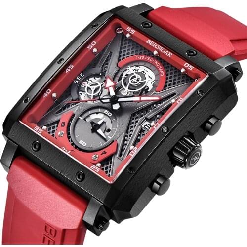 BERSIGAR 2021 Rectangular Watches for Men Quartz Fashion Luxury Sports Waterproof Chronograph Silicone Strap Mens Watch Relogio