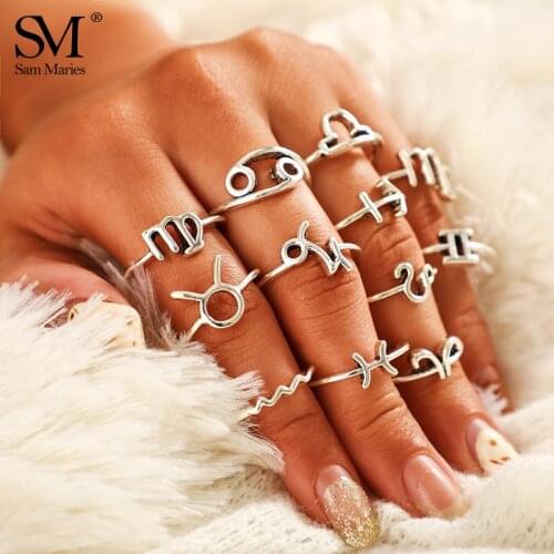 12 Pcs Vintage Constellation Rings Set Metal Zodiac Sign Finger Rings Silver Color Boho Knuckle Rings Statement Women Jewelry