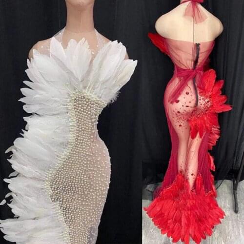 New Nightclub Modern Gogo Dancer Stage Performance Red/White Feather Rhinestone Pearl See Through Dress Rave Clothing DWY5834