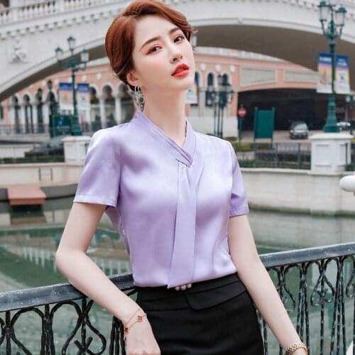 Novelty Purple Summer Short Sleeve Blouses Shirts for Women Business Office Work Wear Ladies Blouse Clothes Tops Blusas
