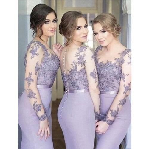New Lilac Bridesmaid Dresses Mermaid Long Sleeves Sweep Train Bridesmaids Gowns With Lace Applique Illusion Back Formal