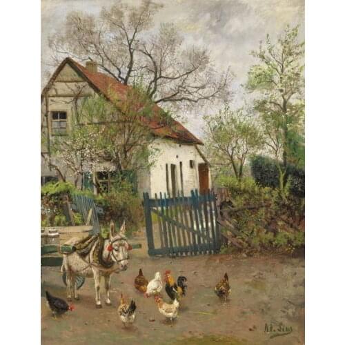 Huge art Oil painting warm farm house with animals donkey hens cocks canvas 36"