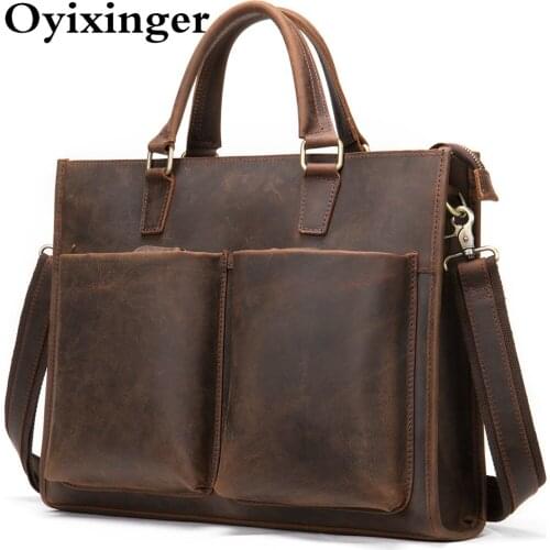 OYIXINGER Genuine Cowhide Laptop Briefcase For 14" Hp Dell Crazy Horse Leather Laptop Bag Vintage Male Business Shoulder Bags